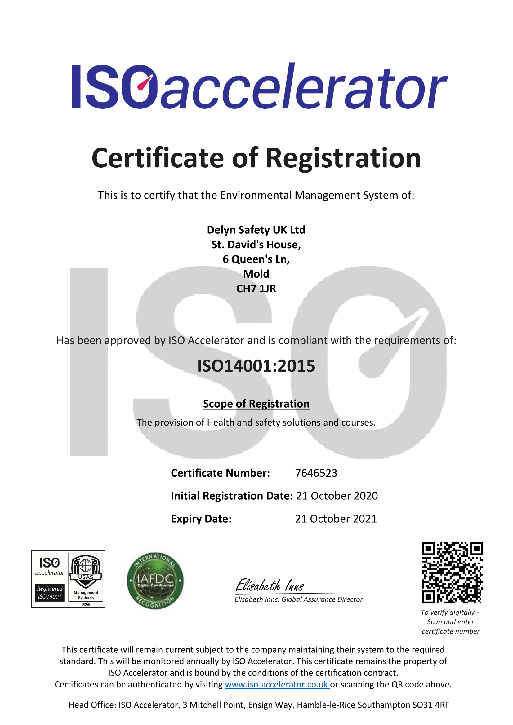 Certificate 7646523 Delyn Safety ISO 14001-1 - Delyn Safety